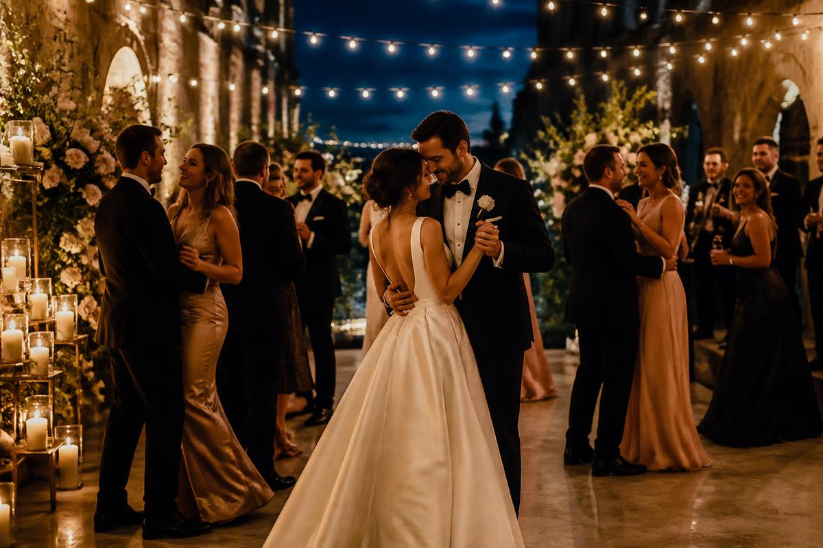 Festlich gedeckte Hochzeitstafel bei Kerzenlicht